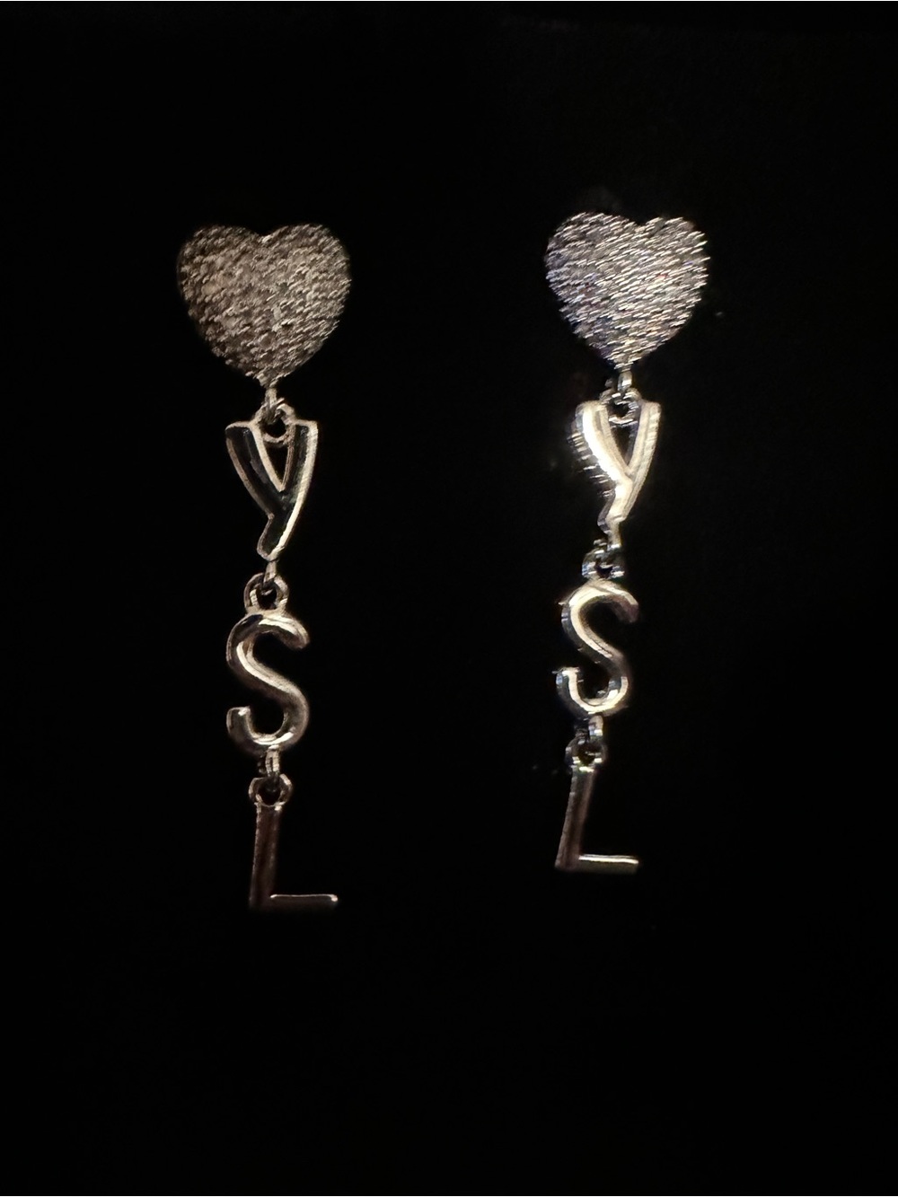 Silver Heart Drop Earrings with 'YSL' Lettering - Silver